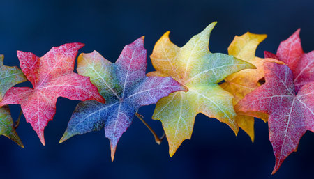 Vibrant Autumn Leaves on Blue Background Colorful Fall Foliage, Seasonal Banner Designの素材