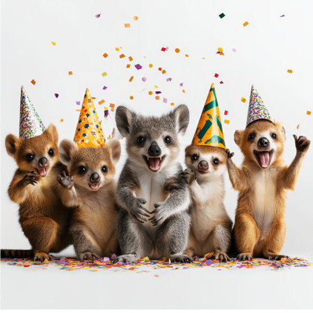 Five Adorable Baby Animals Wearing Party Hats, Celebrating with Confetti on White Backgroundの素材