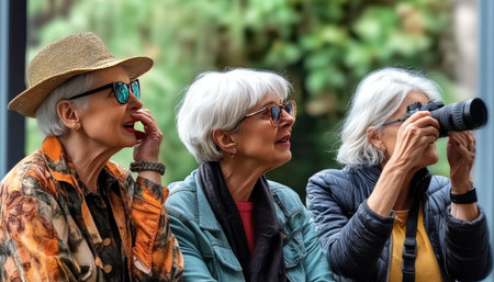Three Senior Women, Exploring Natures Beauty A Shared Passion for Photography and Friendshipの素材
