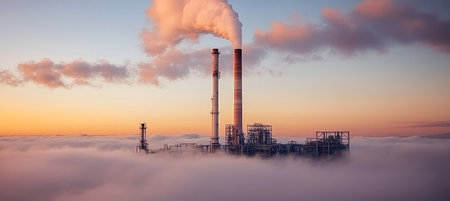 Industrial Plant at Dawn Emitting Smoke Over Fog, Pollution and Climate Change Conceptの素材