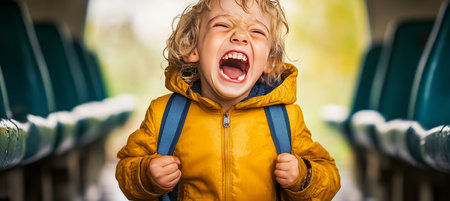 Overwhelmed Child on Public Transportation, Emotional Stress And Travel Anxiety During Commuteの素材