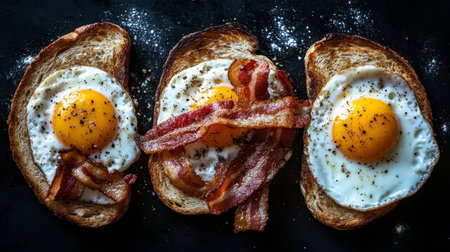 Three Toasts with Fried Eggs sunny-side up, Crispy Bacon Sprinkled with Black Pepper on Black Tableの素材
