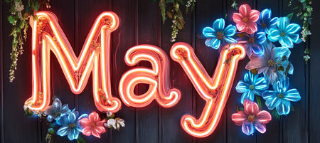 Neon Sign Spelling May with Blooming Floral Decor, Celebrating Spring and New Beginningsの素材