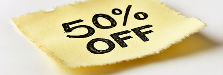 50 Off Yellow Square Note Advertising Half-Price Discounts on a Pure White Backgroundの素材