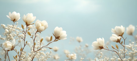 Delicate White Magnolia Flowers in Bloom, Spring Floral Background with Soft Pastel Colorsの素材