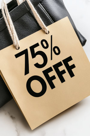 Beige Shopping Bag With 75 Off Text, Concept For Sale, Discounts, And Shopping Spree.の素材