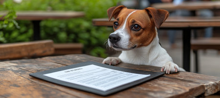 Curious Canine Anticipation Adorable Dog Examines Restaurant Menu at Rustic Outdoor Cafeの素材