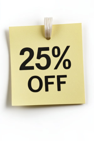 Yellow Sticky Note Advertising a 25 Off Discount, Minimal Photography Style on White Backgroundの素材