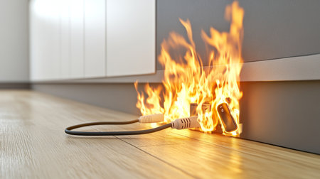 Electrical Fire Hazard Overloaded Power Strip, Burning Phone Charger, Sparks, and Smokeの素材