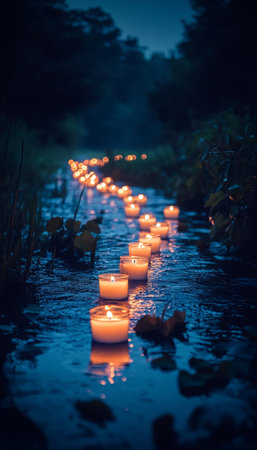 Floating Lights, Tranquil Stream A Serene Display of Candles Illuminating the Water at Nightの素材