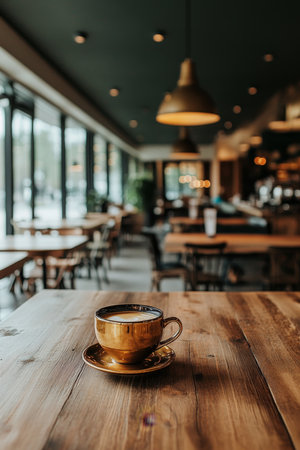 Golden Coffee Moment Aromatic Drink on a Rustic Table in a Cozy Coffee Shop Blurry Interiorの素材