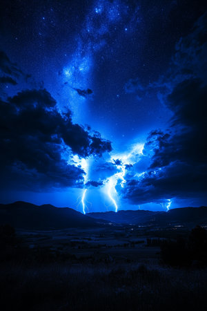 Blue Lightning Storm Over Mountains, Dramatic Night Sky With Bright Electrical Dischargeの素材