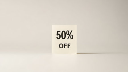 Ivory Square Card with 50 Off Text, Isolated on White Background, Marketing and Sales Concept.の素材