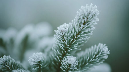 Frosty Pine Branches, Close-Up of Pine Needles Covered in Ice Crystals, Winter Nature Backgroundの素材