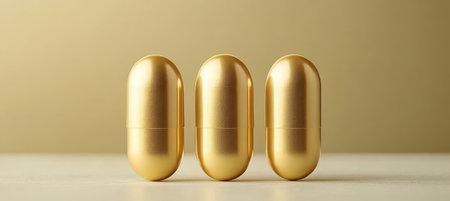 Three Golden Softgel Capsules Premium Quality and Sophistication on a Minimalist Backgroundの素材