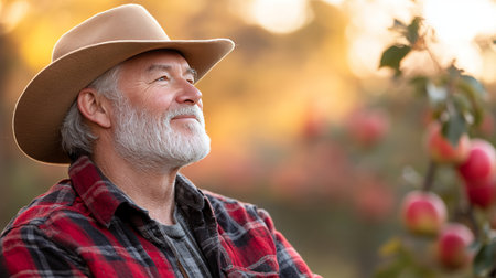 Golden Hour Dreams Contemplative Senior Farmer Reflects in the Warm Light of Sunset at his Orchardの素材