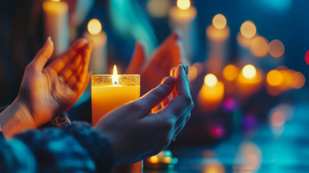 Divine Atmosphere, Close-Up of Candlelight and Hands in Mystical, Blue Light Concert Ceremonyの素材