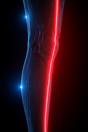 Knee Pain, Conceptual Image Of Human Leg With Red Highlight On Black Background, 3D Renderingの素材