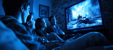 Friends Together on Couch, Enjoying a Hilarious Movie Night, Sharing Laughter and Funの素材