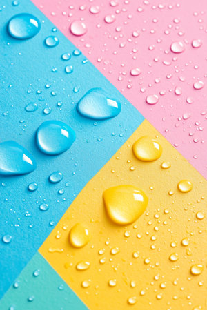Water Droplets on Colorful Pastel Background, Abstract Macro Photography of Liquid Textureの素材
