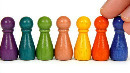 A Row Of Colorful Wooden Pawns, Game, Competition, And Strategy, Isolated, White Backgroundの素材