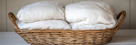 Vintage Wicker Basket Overflowing with Crisp White Linen, Creating a Cozy and Inviting Atmosphereの素材