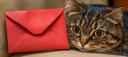 Curious Cat Gazing at a Red Envelope A Heartwarming Image of Anticipation and Mysteryの素材