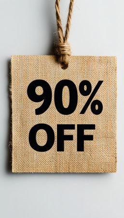 90 Off Discount Sale Sign on Square Label with Twine, Minimalist Design on White Backgroundの素材