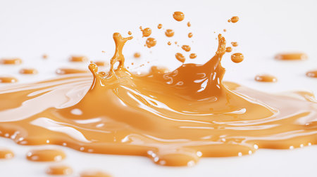 Caramel Splash, 3D Illustration of Liquid Droplets With Crown Splashes on White Backgroundの素材