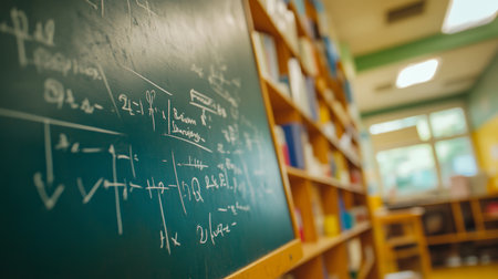 Close up view of a Green Chalkboard with Scientific Formulas and Complex Equations, Back to Schoolの素材