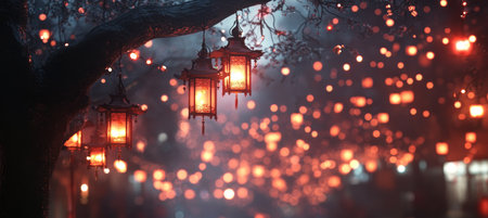 Dreamy Night with Glowing Lanterns, Abstract Background for Chinese New Year Festivalの素材