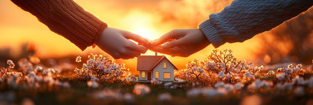 Couple Holding Miniature House With Sunset and Cherry Blossom, Symbolizing New Beginnings.の素材