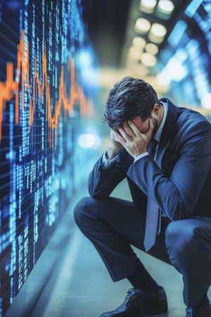 Financial Despair and Market Volatility Stressed Businessman Amidst Falling Stock Chartsの素材