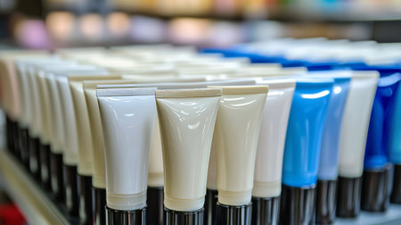 Cosmetics Tubes Variety Arrangement, Beauty And Skincare Products, Pharmacy Shelf Displayの素材