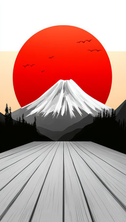 Snowy Mount Fuji, Red Sun Rising, Tranquil Wood Deck, Black and White Japanese Landscape Background.の素材
