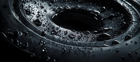 Close Up Macro Detail of Water Droplets Beaded on Smooth, Dark, Textured Metal Surfaceの素材