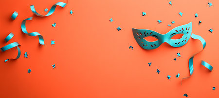 Vibrant Blue Carnival Mask and Festive Curling Streamers on a Bright Orange Backgroundの素材