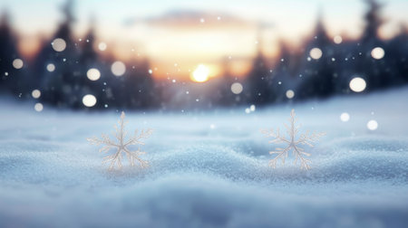 Golden hour winter wonderland, snowflakes sparkling on snow with bokeh effect during sunsetの素材