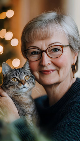 Senior Womans Christmas Comfort Sharing a Warm Smile with Beloved Pet Cat by the Festive Treeの素材