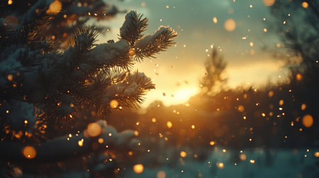 Magical winter sunset landscape, snowy fir trees in golden sunlight. Christmas holidays backgroundの素材