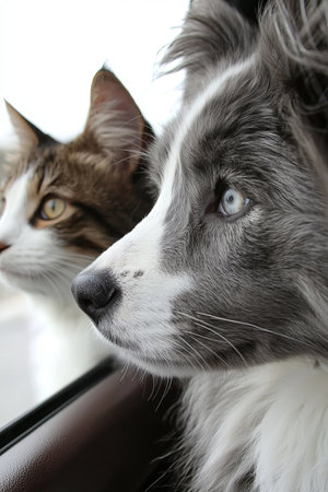 Grey And White Border Collie And Tabby Cat Friends Looking Through Car Window On Adventure Road Tripの素材