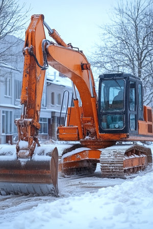 Orange Excavator Removing Snow From Winter Street, Snow Removal Equipment in Urban Landscapeの素材