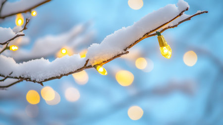 Snowy Tree Branch with Christmas Lights and Bokeh Background, Winter Festive Season Background.の素材