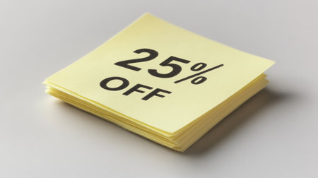Stack of Square Ivory Sticky Notes with 25 Off Sales Text, Isolated on White Backgroundの素材