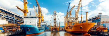 Bustling Shipyard Docks, Cranes, and Industrial Equipment Busy Under a Blue Sky with Cloudsの素材