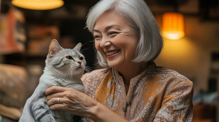 Senior Womans Joy A Heartwarming Moment Shared Between a Senior Woman and Her Beloved Catの素材