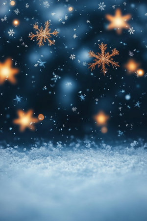 Festive Winter Wonderland Christmas Snowflakes, Sparkling Bokeh Lights, Magical Holiday Backgroundの素材