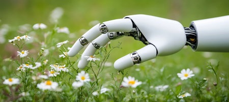 A Gentle Touch of Technology Robotic Hand Explores the Delicate Beauty of Spring Flowersの素材