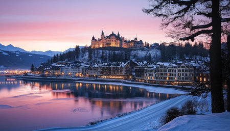 Winters Embrace A Majestic Lakeside Castle Glows Under a Vibrant Sunset Sky, St. Moritzの素材