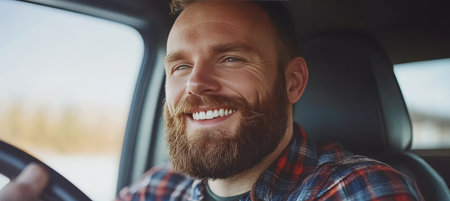 Close-up Portrait of a Happy Bearded Man, Smiling Genuinely While Driving his Car in Natureの素材